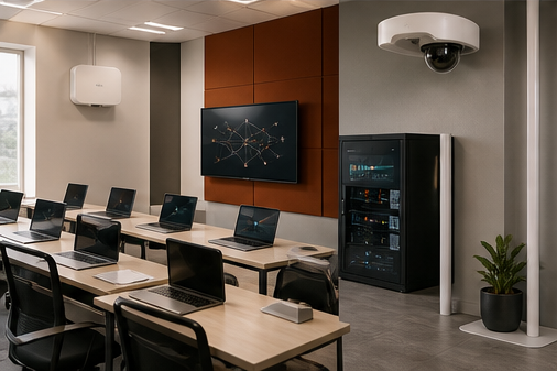 Institutional technology setup with laptops, connectivity, and CCTV support
